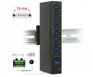 Delock Külső ipari HUB 10 x USB 3.0 A-típusú 20 kV ESD védelemmel (63919)