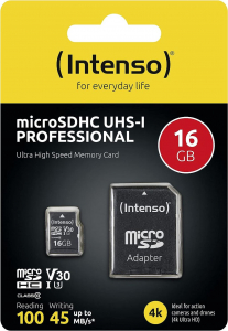 16GB microSDHC Intenso Professional memóriakártya + adapter UHS-I C10 U1 V30 (3433470)