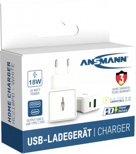 Ansmann 1xUSB-A 1x-USB-C hálózati adapter fehér (1001-0111)