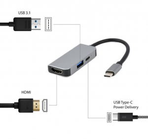 Gembird Multi Port Adapter USB Type C 3in1 USB hub ezüst (A-CM-COMBO3-02)