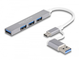 Delock 4 portos vékony USB Hub USB Type-C  vagy USB A-típusú - 3 x USB 2.0 Type-A csatlakozóhüvely + 1 x USB 5 Gbps Type-A csatlakozóhüvely