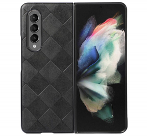 Tok &aacute;ll&oacute;, bőr hat&aacute;s&uacute; (FLIP, oldalra ny&iacute;l&oacute;, asztali tart&oacute; funkci&oacute;, 3D n&eacute;gyzet minta, pr&eacute;mium) FEKETE [Samsung Galaxy Z Fold3 5G (SM-F926)]