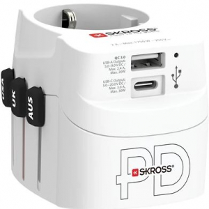 Skross USB-A/USB-C töltő bemenettel földelt világutazó adapter fehér (1.302473)