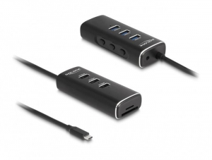 Delock 3 portos USB 10 Gbps hub, SD és Micro-SD kártyaolvasóval USB Type-C , 60 cm hosszú kábellel és portokhoz tartozó kapcsolóval (64234)