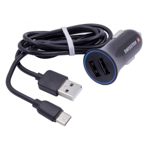 SWISSTEN Szivargyújtós USB Gyorstöltő + 1,2m USB-C Kábel 2400mA (3020110908)