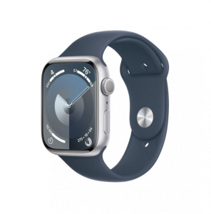 Apple Watch Series 9 GPS 45mm ezüst alumíniumtok, viharkék sportszíj, M/L méret (MR9E3QH/A)