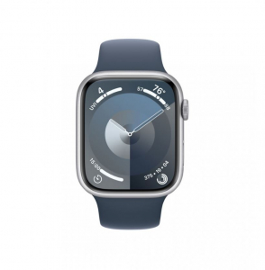 Apple Watch Series 9 GPS 45mm ezüst alumíniumtok, viharkék sportszíj, M/L méret (MR9E3QH/A)