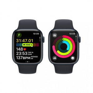 Apple Watch Series 9 GPS 45mm éjfekete alumíniumtok, éjfekete sportszíj M/L méret (MR9A3QH/A)