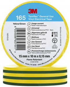 3M Temflex 165 165YG1E vinil szigetelőszalag, sárga-zöld, 10 m x 15 mm