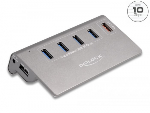 Delock USB 10 Gbps Hub 4 A-típusú USB porttal + 1 gyorstöltő porttal beleértve a tápellátást (64182)