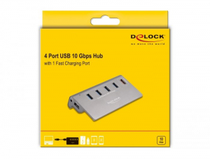 Delock USB 10 Gbps Hub 4 A-típusú USB porttal + 1 gyorstöltő porttal beleértve a tápellátást (64182)