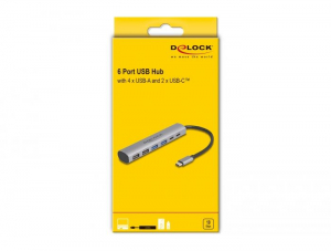 Delock 6 portos USB hub 4 x A-típusú USB anyával és 2 x USB Type-C  anya csatlakozóval (64232)