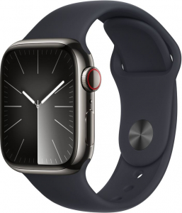 Apple Watch Series 9 (GPS + Cellular) 41mm grafitszínű rozsdamentes acél tok, éjfekete sportszíj S/M méret (MRJ83QF/A)