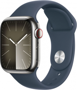 Apple Watch Series 9 (GPS + Cellular) 41mm ezüst rozsdamentes acél tok, viharkék sportszíj M/L méret (MRJ33QF/A)