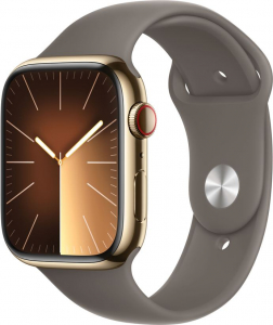 Apple Watch Series 9 (GPS + Cellular) 45mm arany rozsdamentes acél tok, agyagszínű sportszíj M/L méret (MRMT3QF/A)