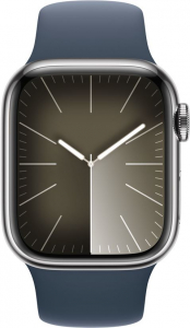 Apple Watch Series 9 (GPS + Cellular) 41mm ezüst rozsdamentes acél tok, viharkék sportszíj M/L méret (MRJ33QF/A)