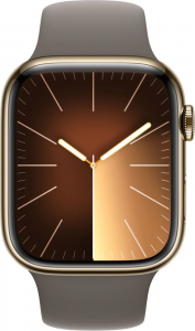 Apple Watch Series 9 (GPS + Cellular) 45mm arany rozsdamentes acél tok, agyagszínű sportszíj M/L méret (MRMT3QF/A)
