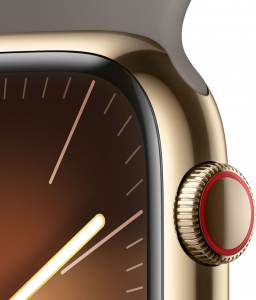 Apple Watch Series 9 (GPS + Cellular) 45mm arany rozsdamentes acél tok, agyagszínű sportszíj M/L méret (MRMT3QF/A)