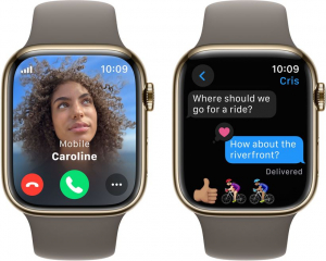 Apple Watch Series 9 (GPS + Cellular) 45mm arany rozsdamentes acél tok, agyagszínű sportszíj M/L méret (MRMT3QF/A)