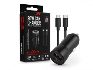 Maxlife MXCC04 USB-A - USB-C autós töltő adapter + USB-C - USB -C kábellel 20W fekete (ML269393)