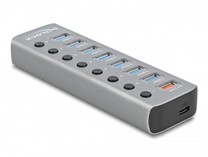 Delock USB 5 Gbps hub 7 porttal valamint 1 gyorst&ouml;ltő porttal &eacute;s 1 USB-C PD 3.0 porttal kapcsol&oacute;val &eacute;s megvil&aacute;g&iacute;t&aacute;ssal (63264)