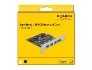 Delock PCI Express x1 Kártya -4 x külső A-típusú USB anya csatlakozó (USB 3.2 Gen 1) (90509)