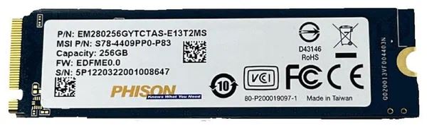 256GB MSI Phison M.2 NVMe SSD meghajtó (EM280256GYTCTAS-E13T2MS)