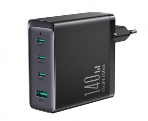 JOYROOM hálózati töltő USB-A + 3xUSB-C aljzat (5V / 3A, GaN, PD, gyorstöltés támogatás) fekete (JR-TCG05EU)