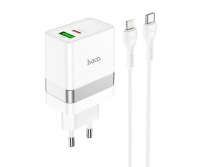 HOCO N21 hálózati töltő USB+Type-C aljzat (30W, PD gyorstöltő 3.0 + lightning kábel) fehér (N21_LIGHTNING)