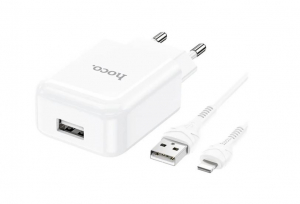 HOCO N2 hálózati töltő USB aljzat (5V/2.1A, gyorstöltő + lightning kábel) fehér (N2_W_LIGHTNING8PIN)