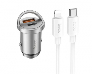 HOCO NZ10 autós töltő USB+Type-C aljzat (45W, PD gyorstöltő 3.0 + lightning kábel) ezüst (NZ10_LIGHTNING_S)