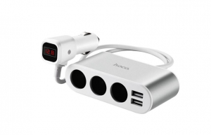 HOCO Z13 szivargyújtó adapter (elosztó, 3 szivargyújtó+2 USB aljzat, 100W, 2.1A, LED kijelző) fehér (Z13)