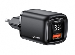 USAMS T46 hálózati töltő USB-A + USB-C aljzat (5V/3A, 33W, PD gyorstöltő 3.0, LED kijelző) fekete (CC152TC01)