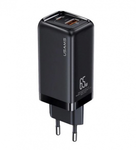 USAMS T47 hálózati töltő USB-A + USB-C aljzat (5V/3A, 65W, PD gyorstöltő 3.0) fekete (CC153TC01