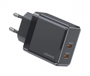 USAMS T54 hálózati töltő 2xUSB-C aljzat (5V/3A, 40W, GaN, PD gyorstöltő) fekete (CC172TC01)