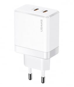 USAMS T54 hálózati töltő 2xUSB-C aljzat (5V/3A, 40W, GaN, PD gyorstöltő) fehér (CC172TC02)