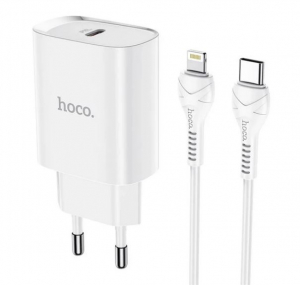 HOCO N14 hálózati töltő USB-C aljzat (5V/3A, 20W, PD gyorstöltő + lightning kábel) fehér (N14_TYPEC_L_W)