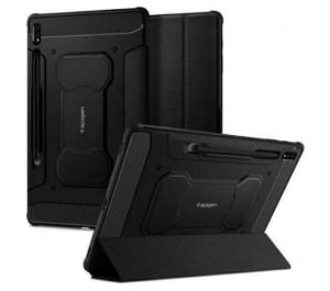 SPIGEN RUGGED ARMOR PRO tok álló (aktív FLIP, ütésállóság, TRIFOLD, asztali tartó, ceruza tartó) FEKETE [Samsung Galaxy Tab S9 FE LTE (SM-X516)]