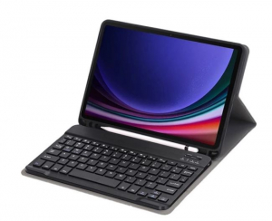 Gigapack tok álló, bőr hatású (FLIP, bluetooth billentyűzet, asztali tartó, QWERTY, angol nyelvű, ceruza tartó) FEKETE [Samsung Galaxy Tab S9 LTE]