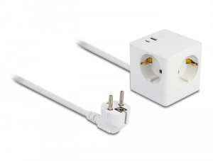 Delock hosszabbító kocka 3 irányú gyerekzárral és USB PD 3.0 töltővel 20W, 1,5m hosszú kábellel fehér (11502)
