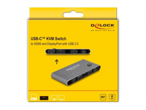 Delock USB-C-s KVM kapcsoló HDMI és DisplayPort-hoz 8K MST USB 2.0 csatlakozó felülettel (11485)