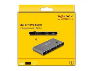 Delock USB-C-s KVM kapcsoló DisplayPort-hez 8K 30 Hz USB 2.0 csatlakozó felülettel (11487)