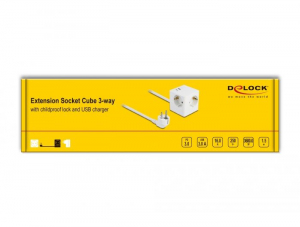 Delock hosszabbító kocka 3 irányú gyerekzárral és USB PD 3.0 töltővel 20W, 1,5m hosszú kábellel fehér (11502)