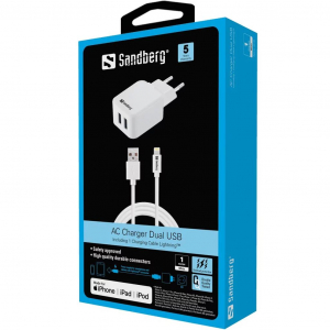 Sandberg 441-03 2xUSB-A hálózati töltő, USB-A - Lightning kábellel fehér