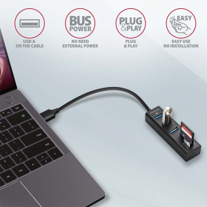 Axagon HMA-CR3A 3 portos USB3.2 Gen 1 hub kártyaolvasóval fekete