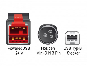 Delock PoweredUSB k&aacute;bel apa 24 V > B-t&iacute;pus&uacute; USB apa + Hosiden Mini-DIN 3 tűs apa 5m POS nyomtat&oacute;khoz (85491)