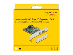 Delock PCI Express x1 k&aacute;rtya - 2 x k&uuml;lső USB-A 3.2 Gen1 (90096)