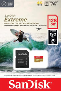 128GB microSDXC Sandisk Extreme U3 A2 V30 + adapter (SDSQXAA-128G-GN6AA / 214510)