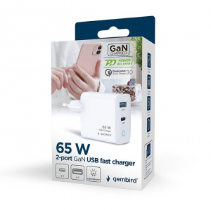Gembird 1xUSB-A, 1xUSB-C hálózati töltő LED visszajelzővel, fehér 65W (TA-UC-PDQC65L-W-01)