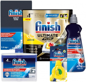 Finish Ultimate All in 1 25db + só 1,5kg + Shine&Dry Regular 400ml + Odor Stop Easy Clip frissítő + mosogatógép tisztító 250ml (5999109582768)